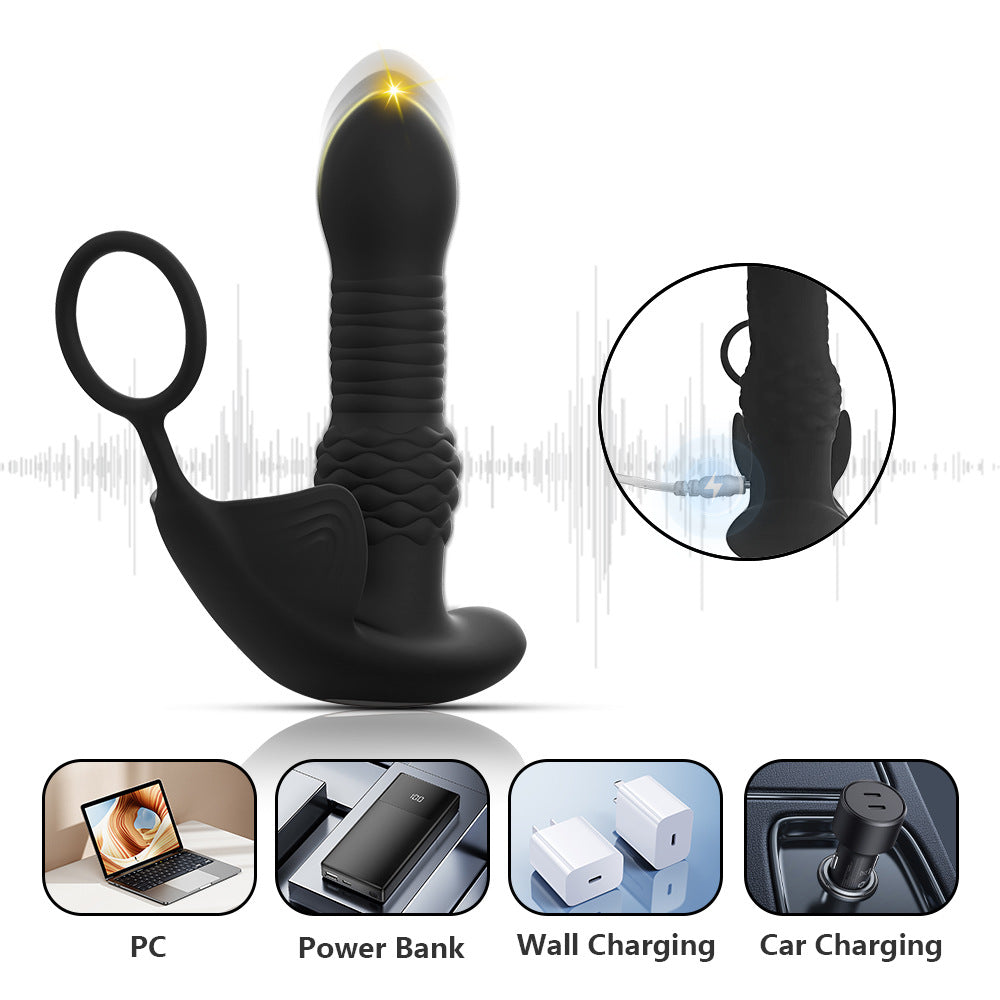 Controlled Thrusting Vibrating Prostate Massager With Ring