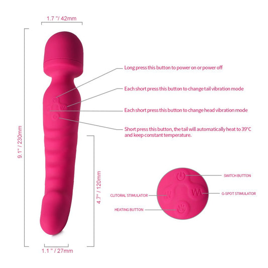 22cm 2-Way Vibromasseur Wand: Wireless with 7 powerful vibration modes - Dual motors - Rechargeable via USB - Personal therapeutic massager